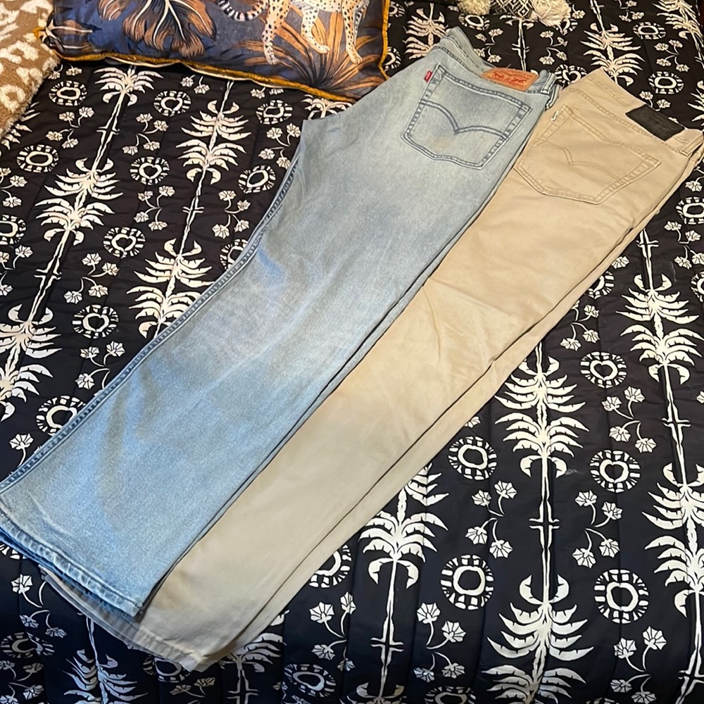 2 pair Levi’s 514 - khaki and light wash denim. Both 36x34, straight fit style.